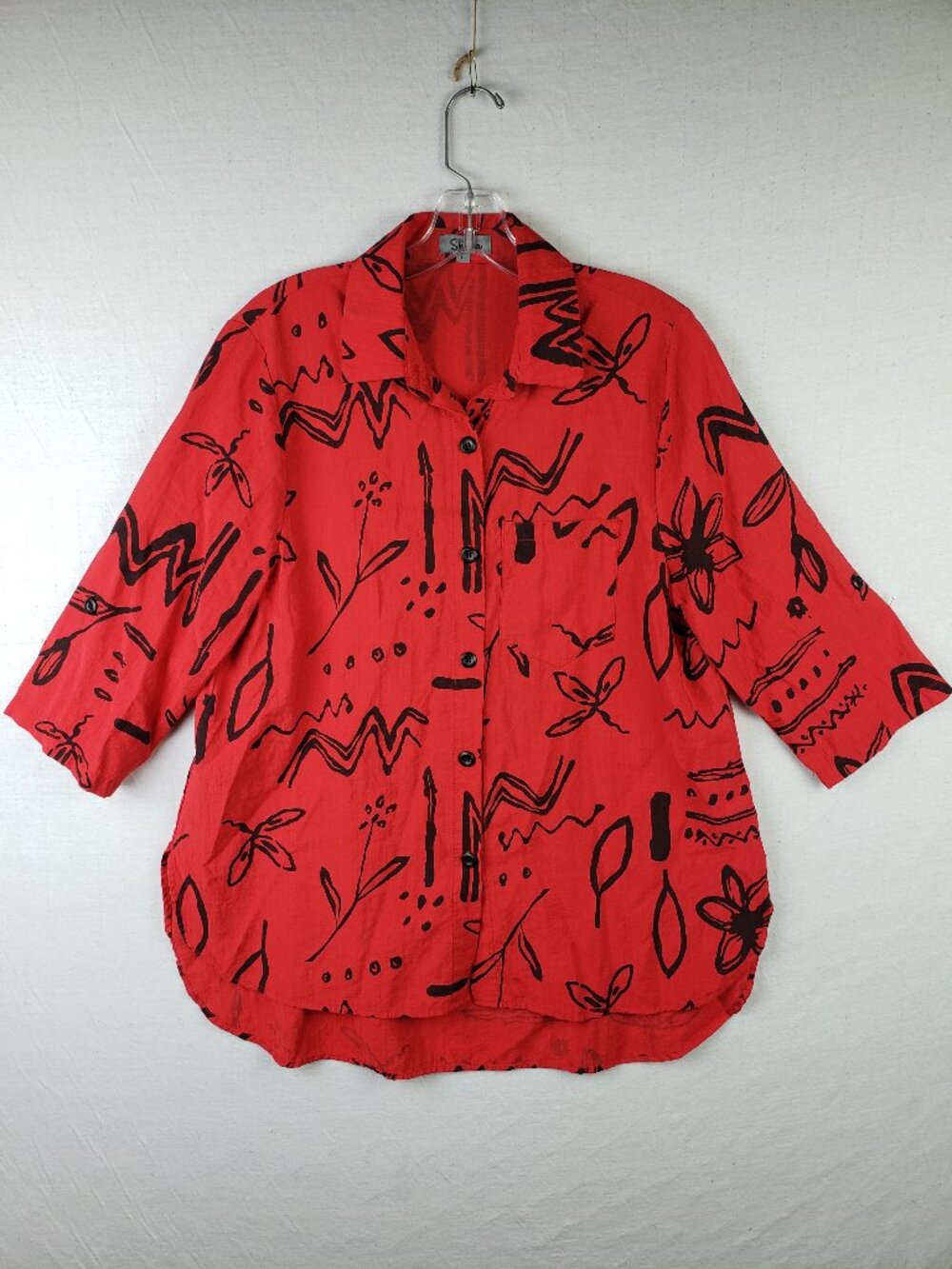 Shana Shirt Tunic Top Abstract Print Art-to-Wear Artsy Red Lagenlook size L